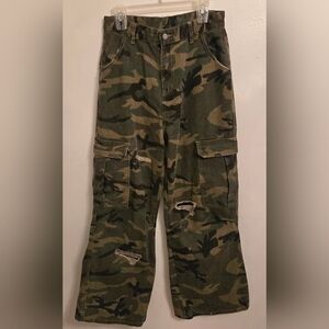 Thesupermade Camo Cargo Flared Distressed Unisex Pants Large Grunge Streetwear